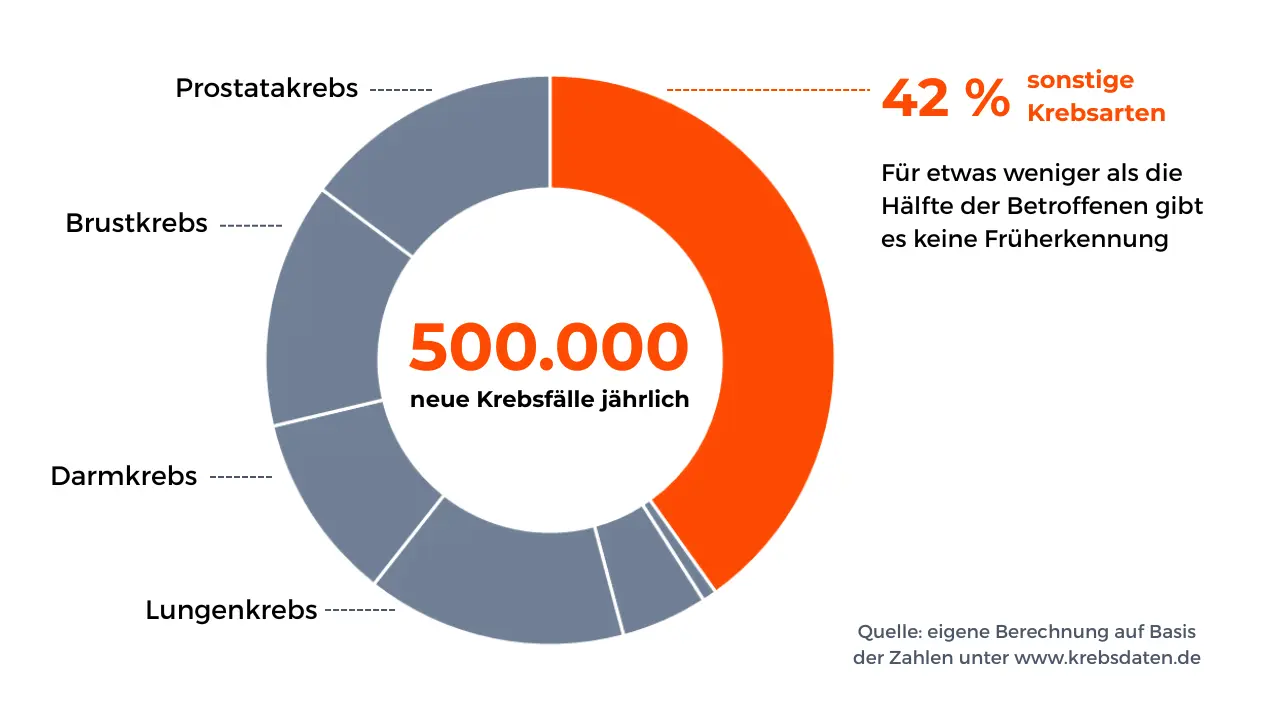 Kreis-Diagramm, das veranschaulicht, dass die staatliche Krebsvorsorge nur 58% aller Krebsfälle abdeckt. Für die anderen 48% gibt es keine Früherkennungsuntersuchungen